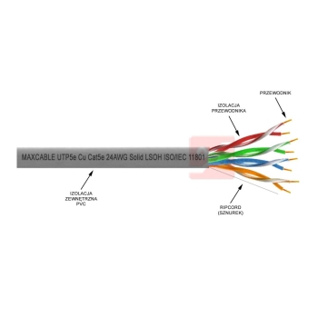 Przewód UTP5e drut Cu LSOH ISO/IEC 305m szary MAXCABLE-113767
