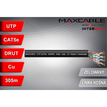 Przewód UTP5e drut Cu UV + linka nośna + żel 305m czarny MAXCABLE-117607