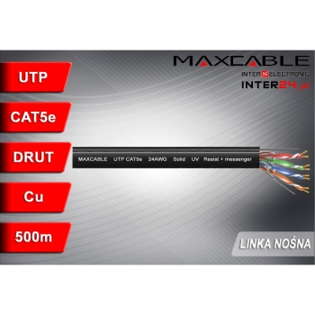 Przewód UTP5e drut Cu UV + linka nośna 500m czarny MAXCABLE-117609