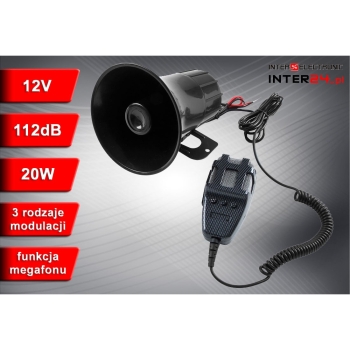Syrena alarmowa samochodowa dynamiczna 3-tonowa z mikrofonem MEGAFON 12V 20W 112dB-117657